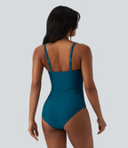 Maillot de bain une pièce gainant push-up col Queen Anne bretelles ajustables torsadé froncé