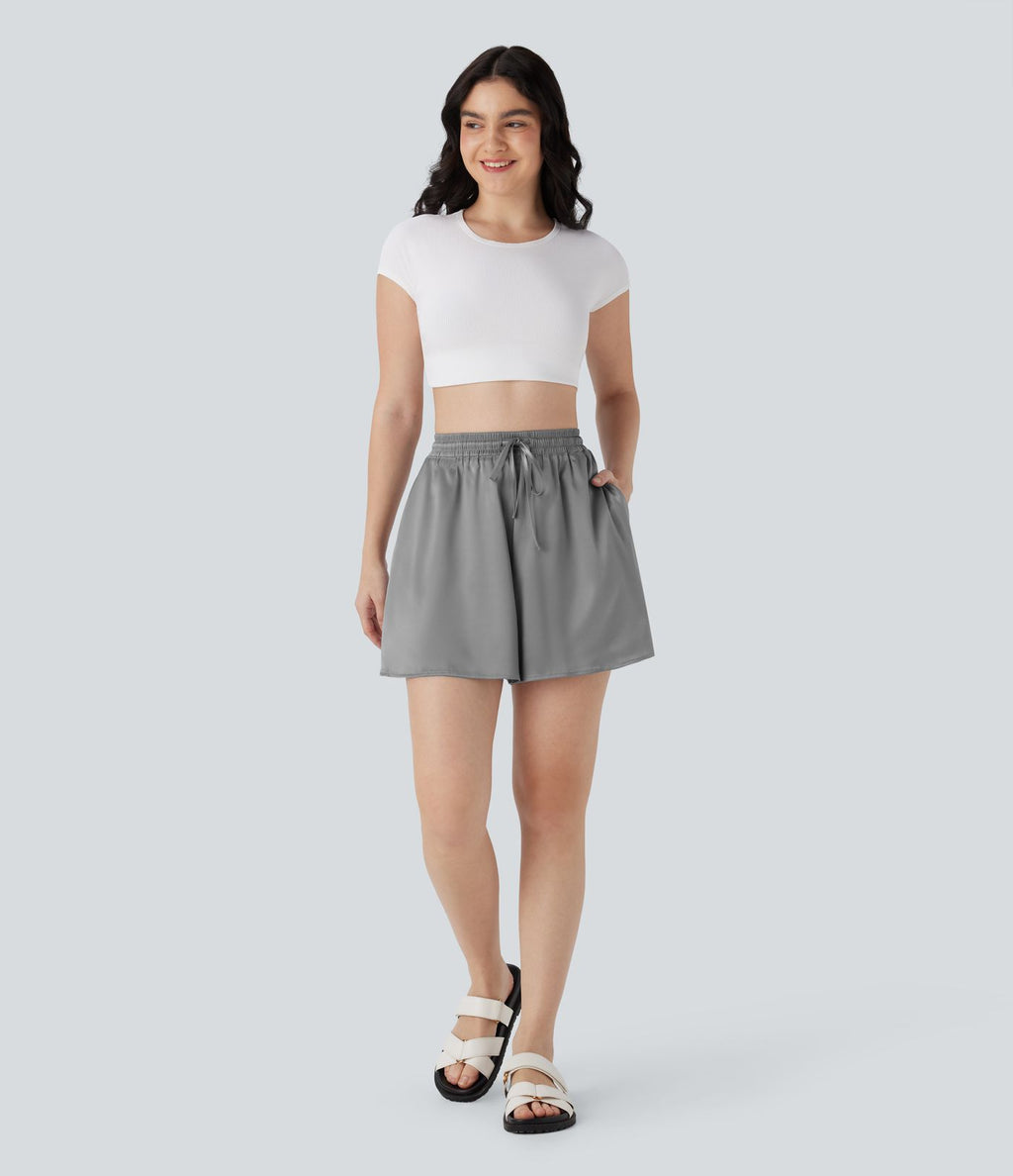 Short décontracté ample en satin à taille haute avec cordon de serrage et poches latérales