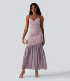 Robe maxi fluide bretelles décolleté cœur à lacer maille contrastante