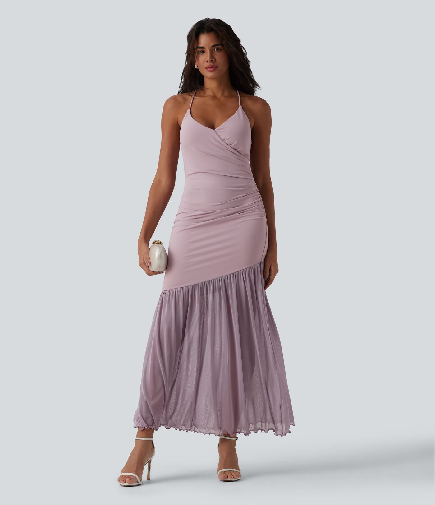 Robe maxi fluide bretelles décolleté cœur à lacer maille contrastante