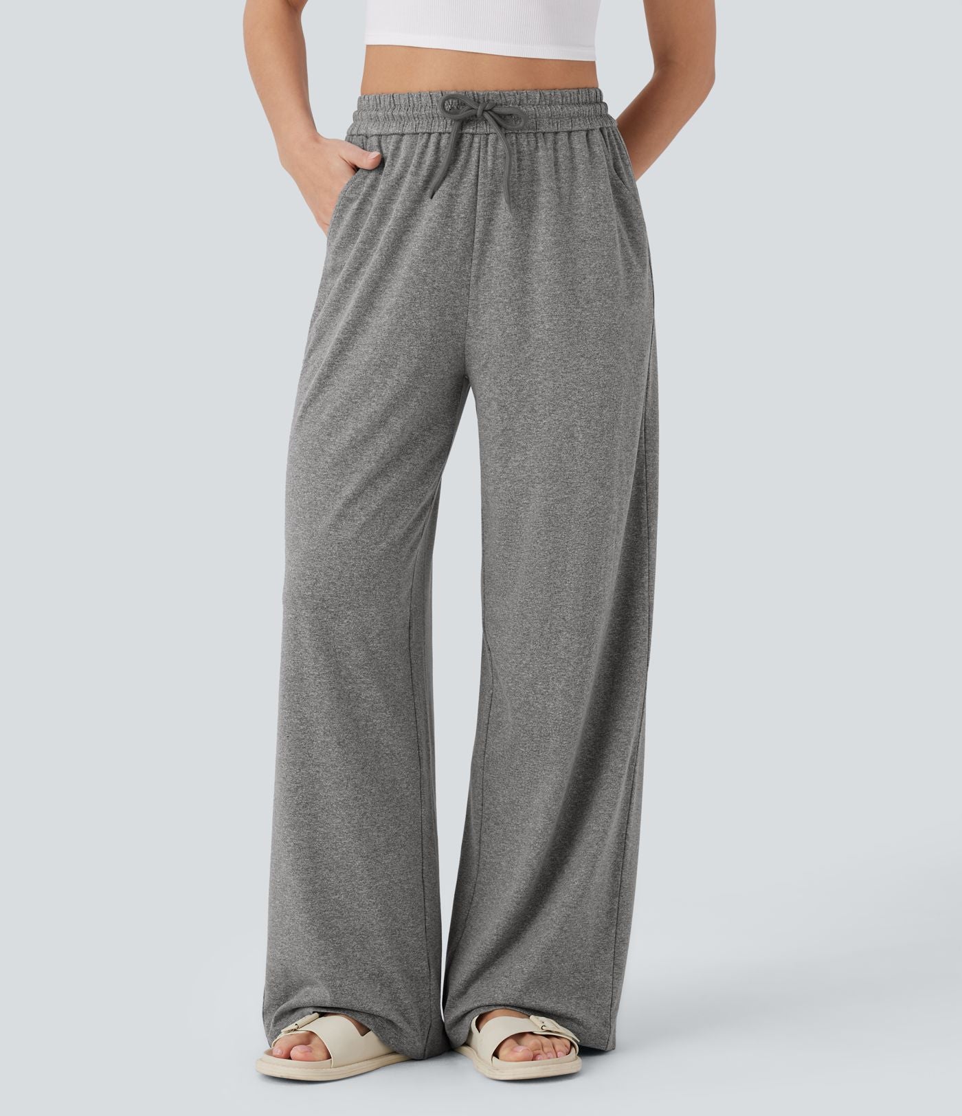 Pantalon large décontracté taille haute avec cordon de serrage et poches latérales