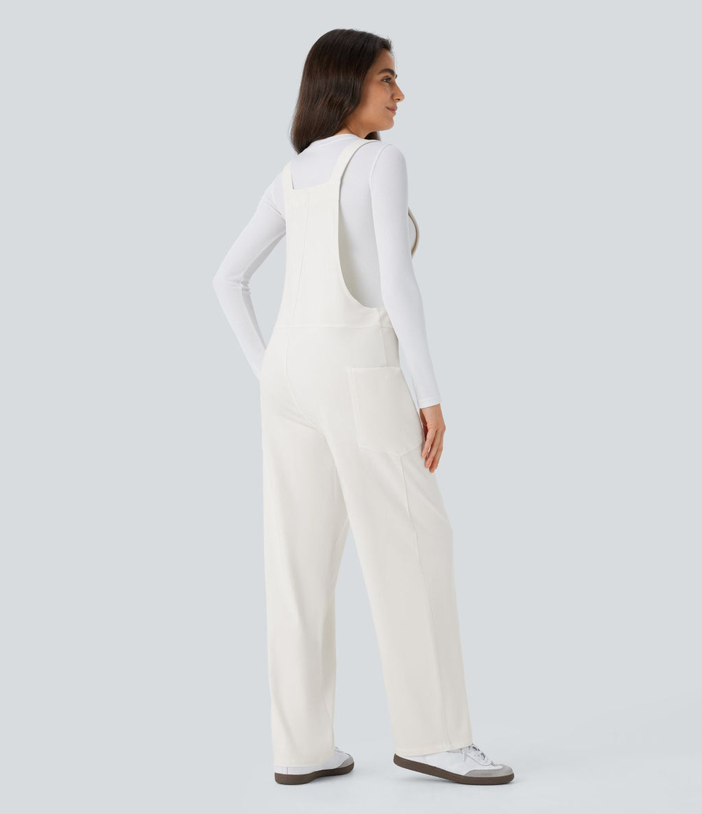 Salopette décontractée Halara Flex™ en denim extensible délavé, col V et poches latérales