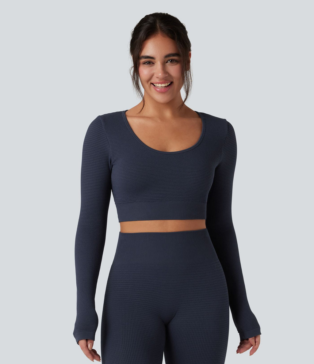 Haut de sport yoga court en maille gaufrée à manches longues sans couture OneForm Seamless Flow
