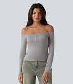 T-shirt casual ultra-ajusté côtelé épaules dénudées à manches longues avec soutien-gorge intégré