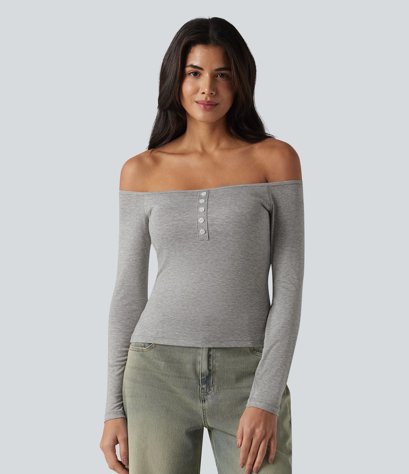 T-shirt casual ultra-ajusté côtelé épaules dénudées à manches longues avec soutien-gorge intégré
