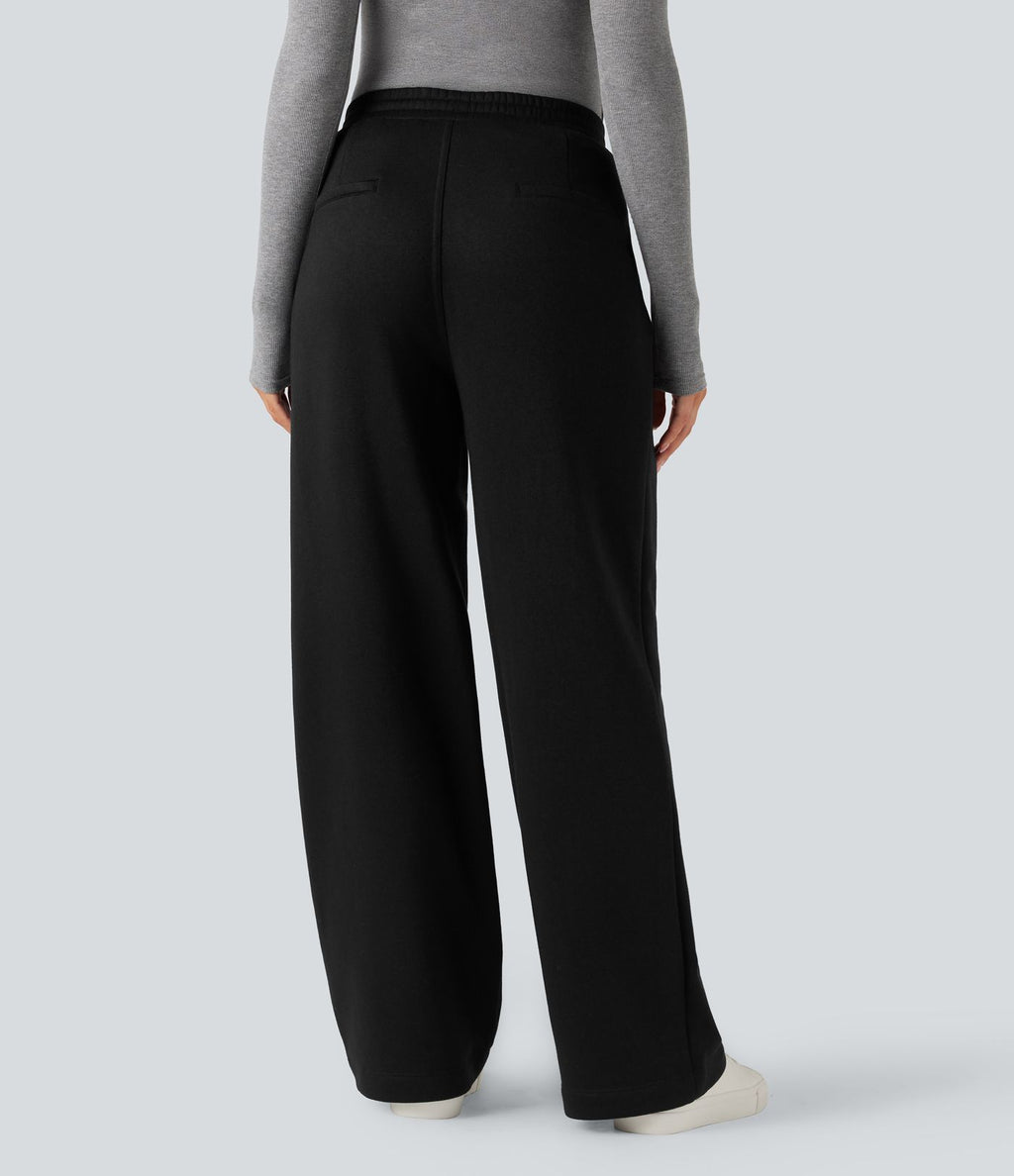 Pantalon jogging tailleur polaire coupe droite taille haute avec poches