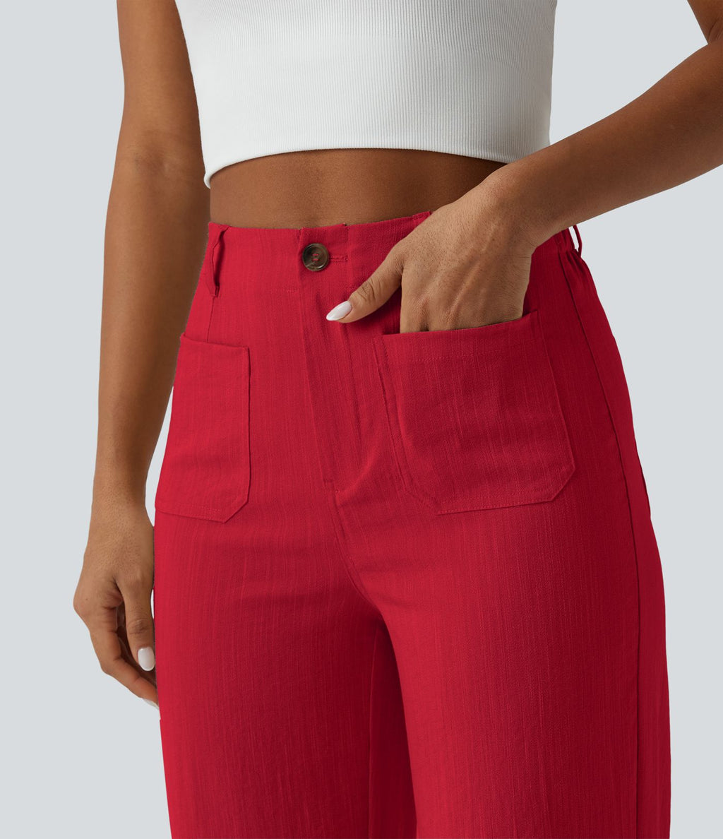 Pantalon taille haute coupe droite effet lin avec poches