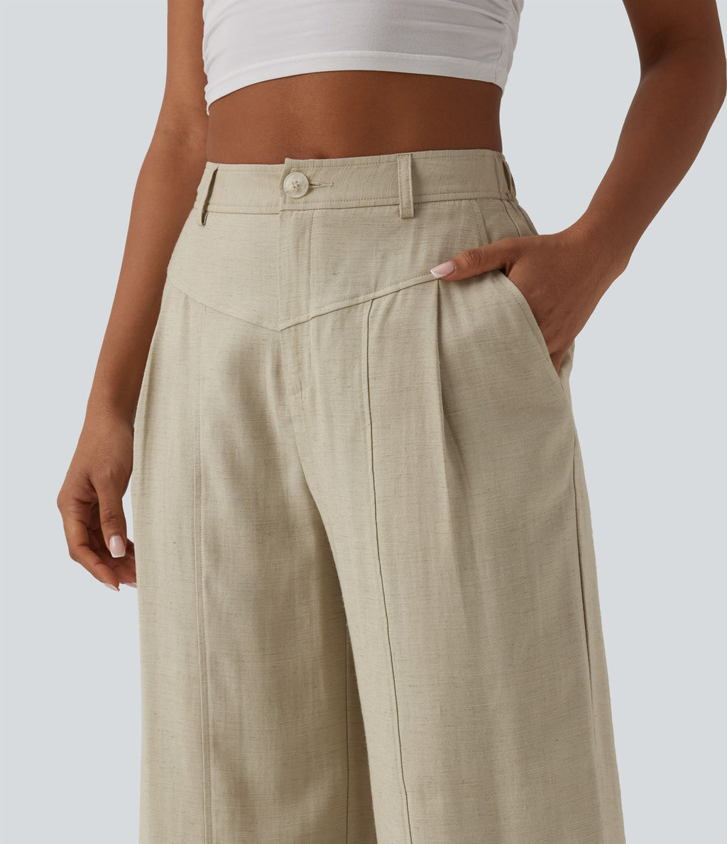 Pantalon large décontracté taille haute aspect lin avec poches