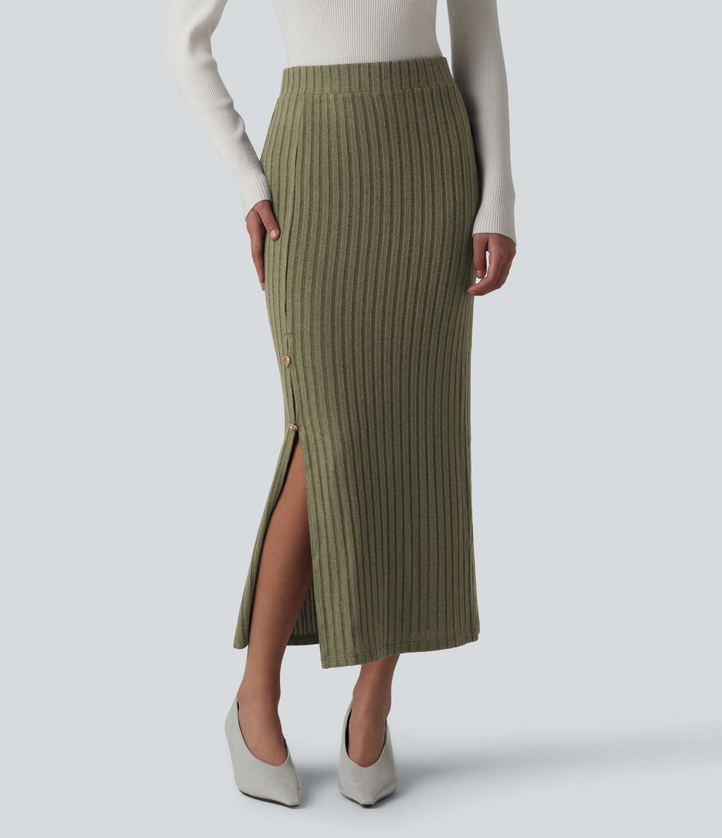 Jupe midi de bureau taille haute en maille côtelée