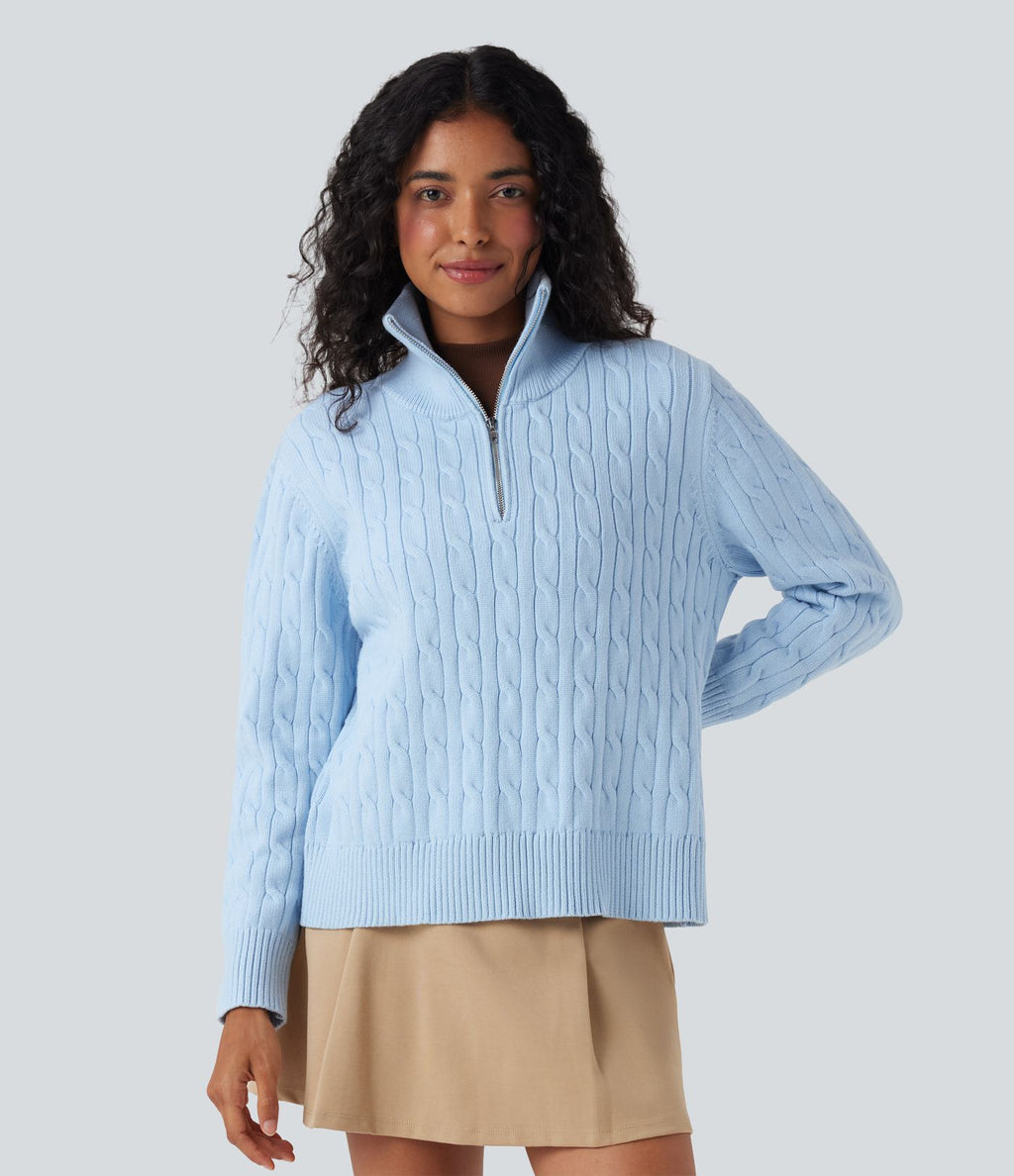 Pull de travail maille torsadée col montant demi-fermeture éclair
