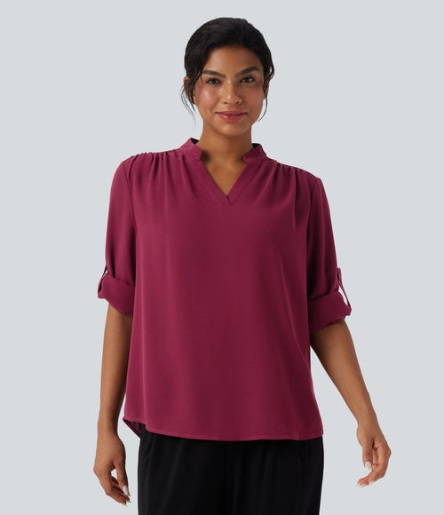 Chemise travail col V manches longues ourlet arrondi