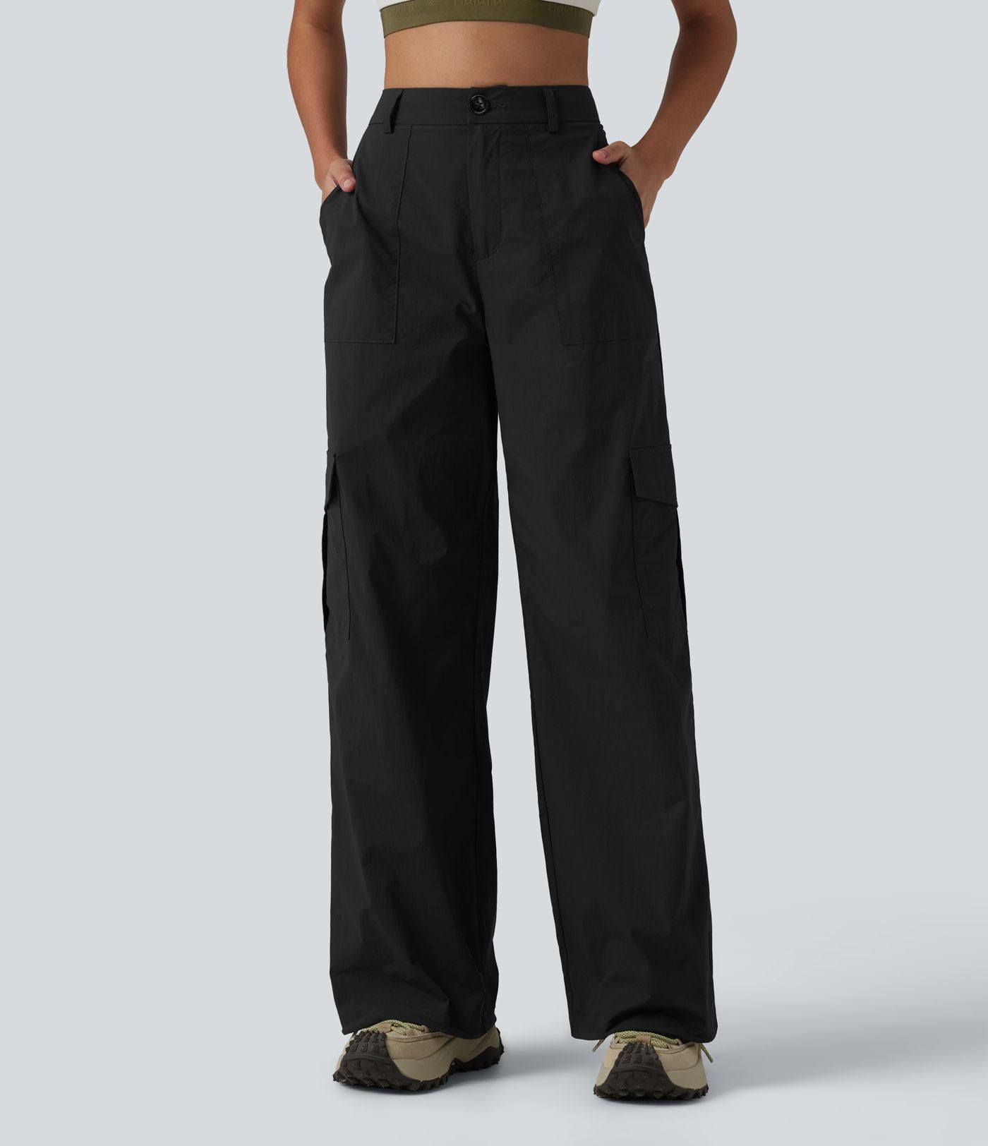 Pantalon cargo droit de randonnée taille haute avec poches