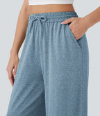 Pantalon large décontracté taille haute avec cordon de serrage et poches latérales