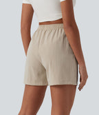 Short décontracté aspect lin taille haute avec cordon de serrage et poches