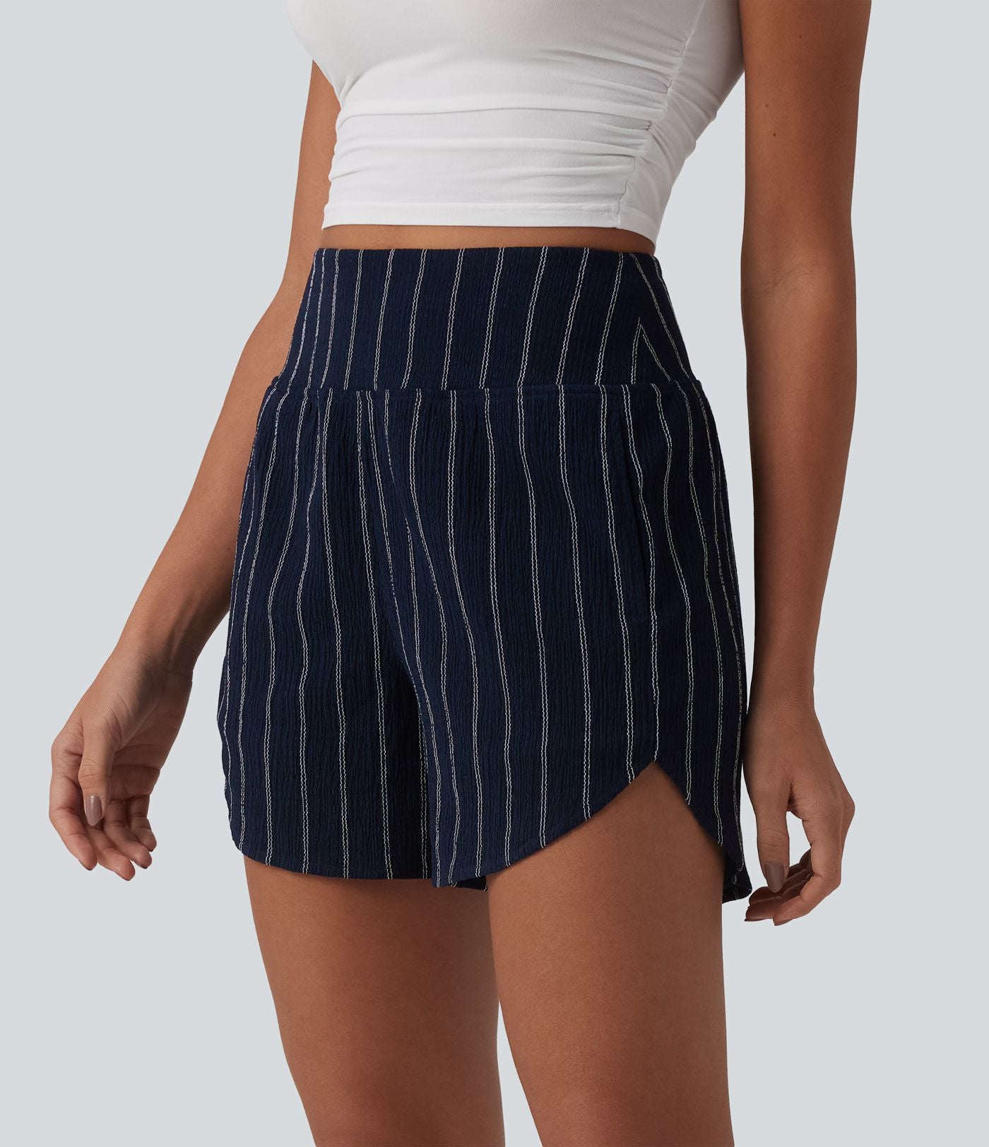 Short casual taille haute ourlet arrondi rayures avec poches