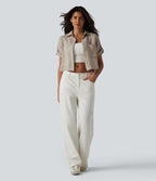 Chemise courte col classique manches courtes retroussées en mélange lin avec poches