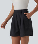 Short tailleur plissé taille haute à rayures avec poches