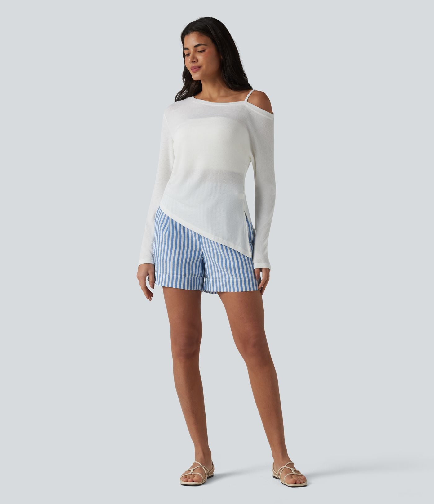 Short casual taille haute à rayures avec poches et aspect lin