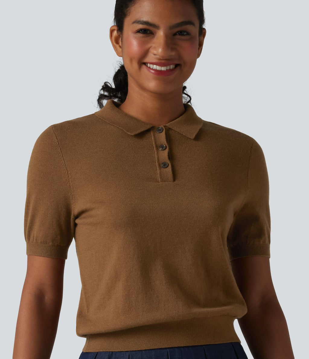 Pull décontracté col polo manches courtes en mélange de laine
