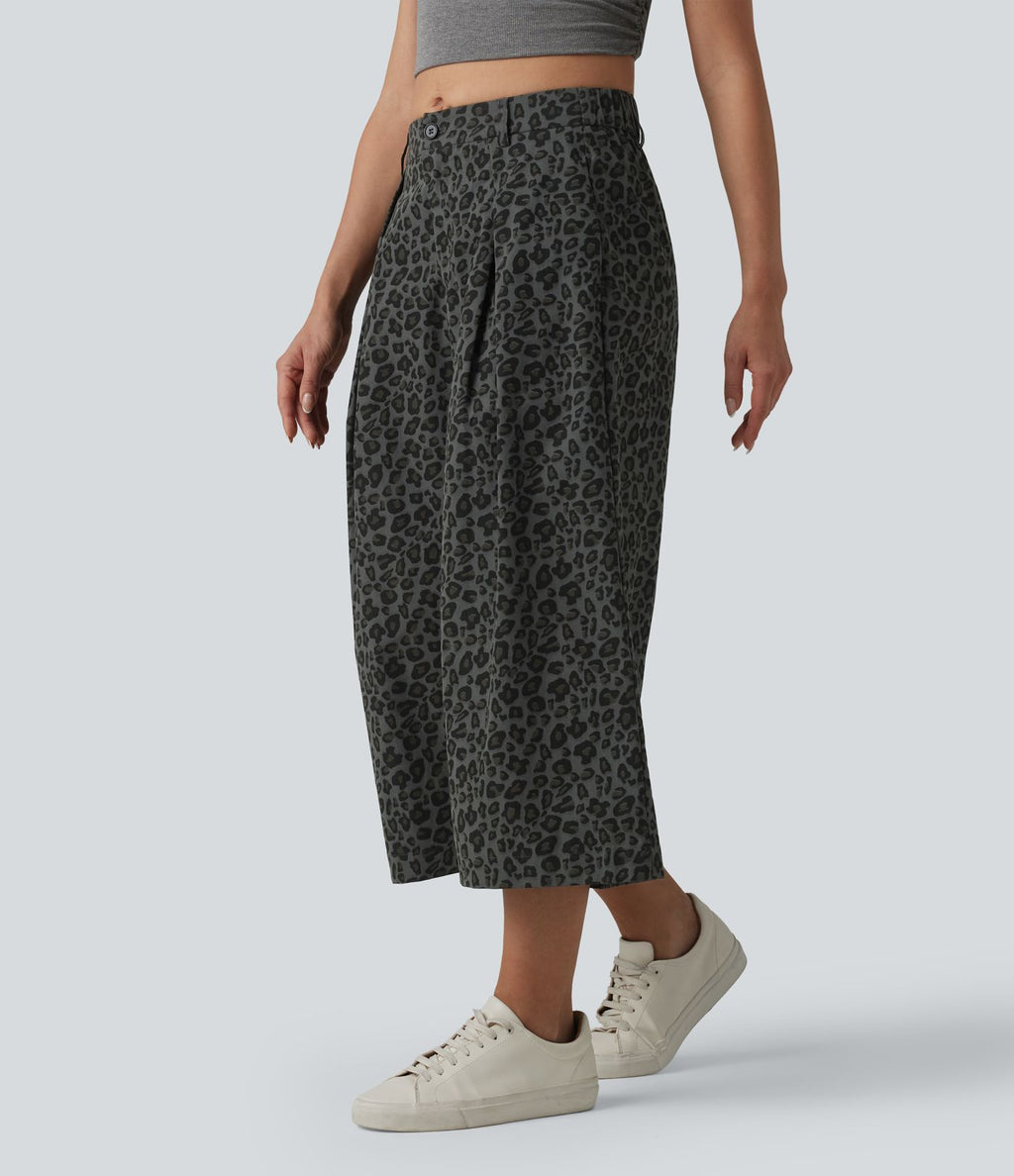 Pantalon léopard casual court taille mi-haute avec poches