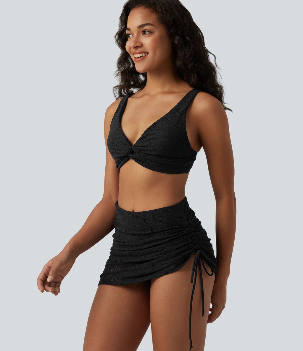 Ensemble Bikini 2-en-1 col V profond ventre plat avec détail torsadé, bretelles réglables, cordon de serrage et superposition en dentelle