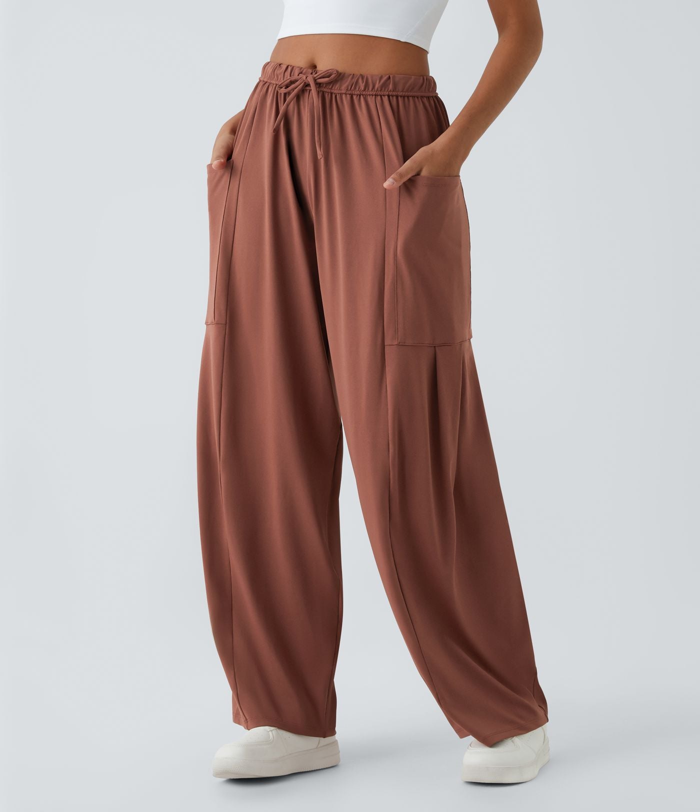 Pantalon Large Fluide Taille Mi-Haute Taille Élastique Cordon Poches Latérales Ourlet Flottant
