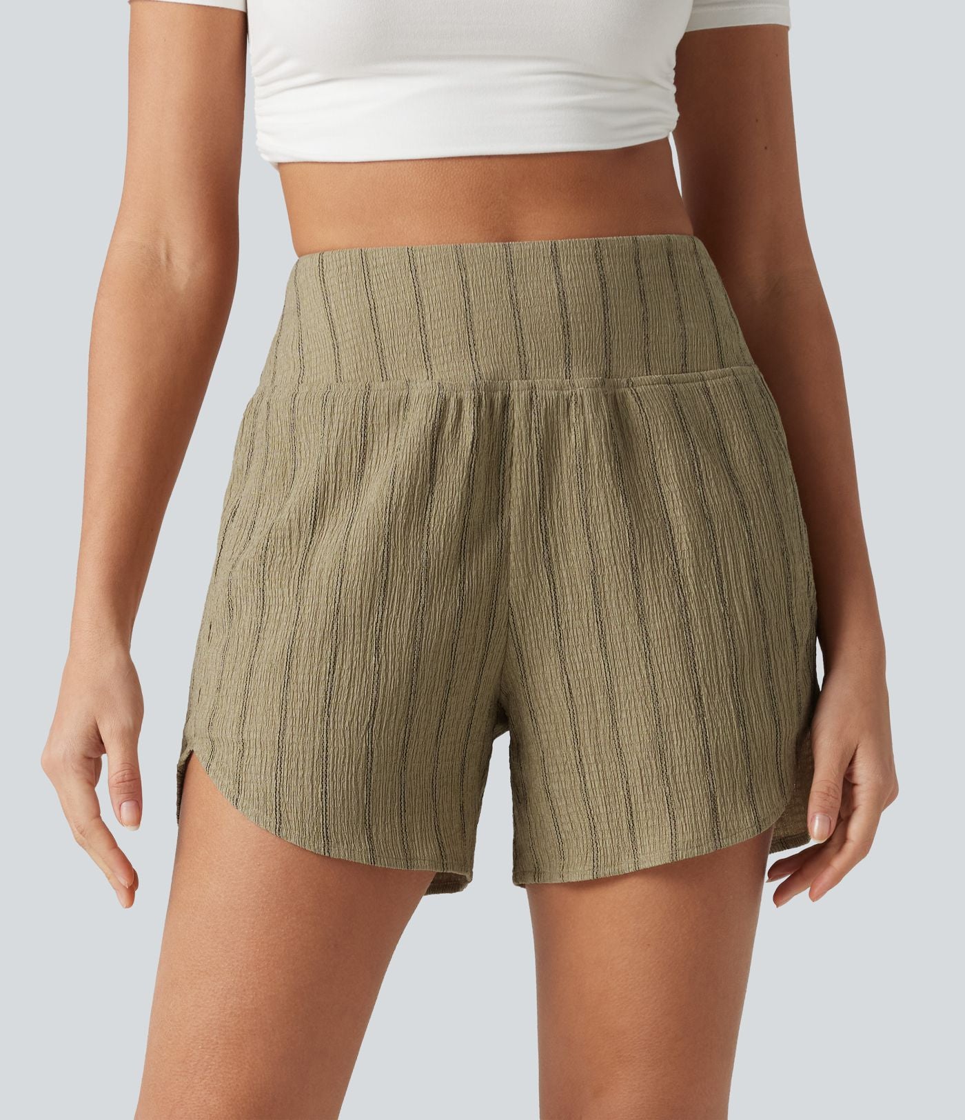 Short casual taille haute ourlet arrondi rayures avec poches