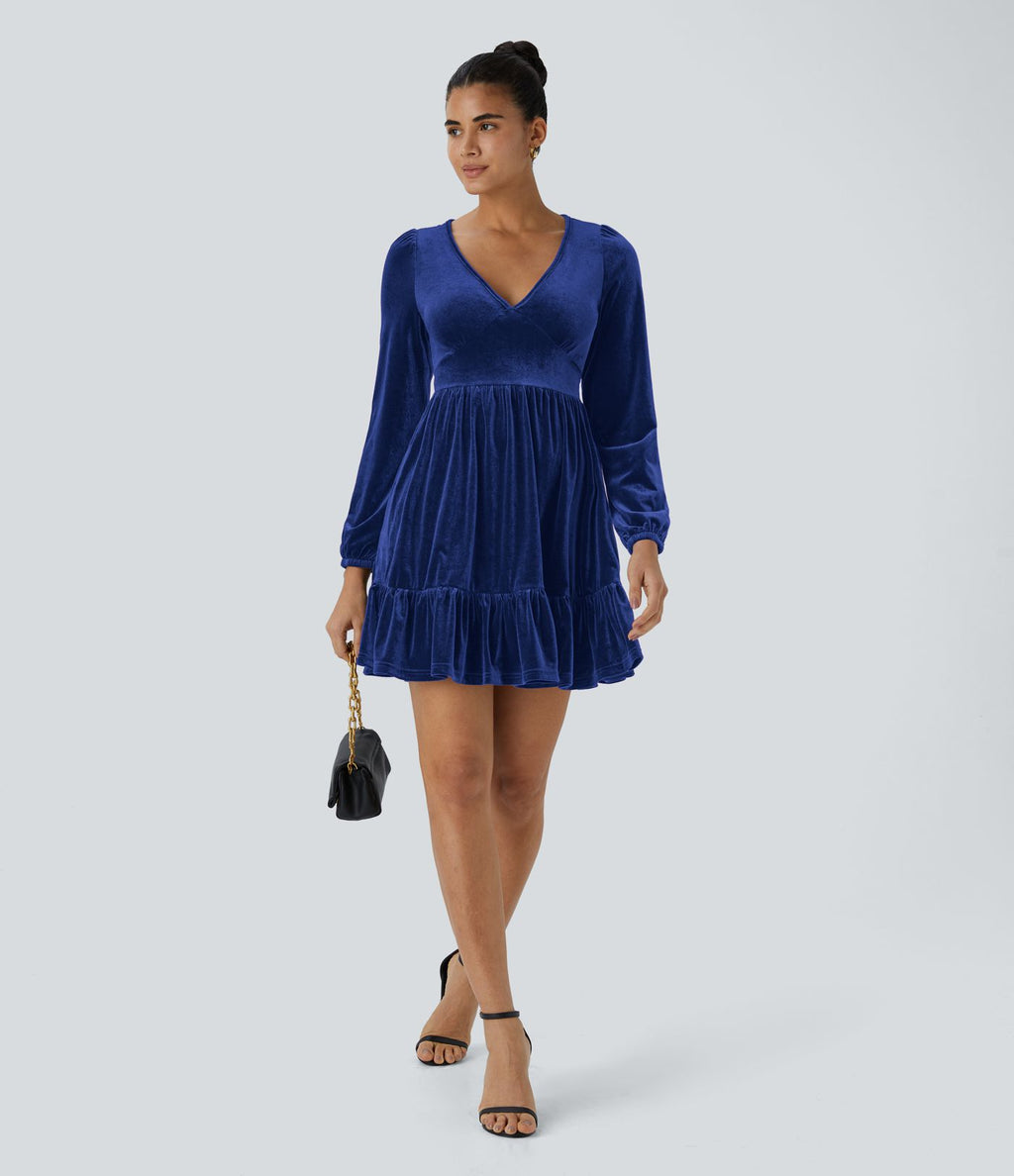 Quotidien Robe de Soirée Mini en Velours à Encolure en V Profond et Ourlet Volanté