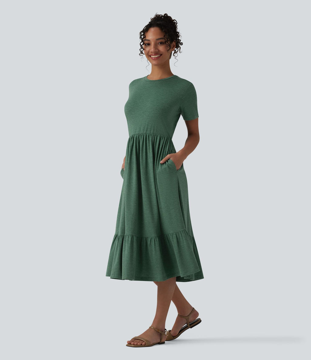 Robe midi casual chinée col rond à manches courtes, avec poches