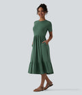 Robe midi casual chinée col rond à manches courtes, avec poches