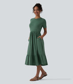 Robe midi casual chinée col rond à manches courtes, avec poches