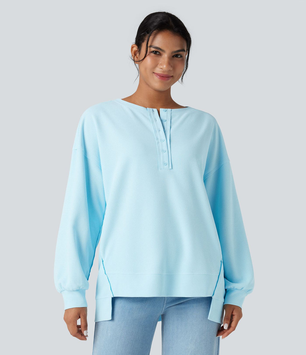 Sweat-shirt gaufré henley oversize manches longues avec poches