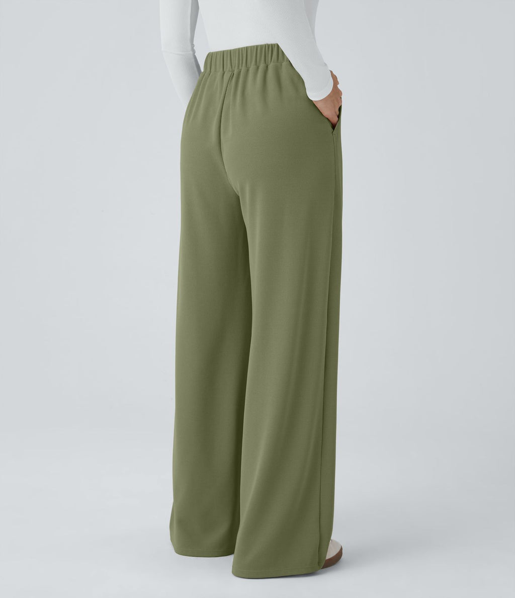 Pantalon taille haute décontracté large en maille gaufrée, avec poches