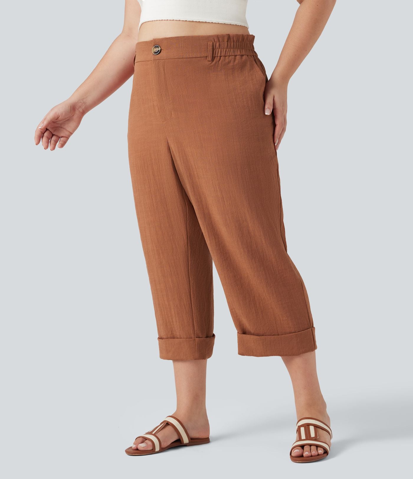Pantalon de villégiature capri effet lin, grande taille, taille haute, avec poches