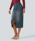 Halara Flex™ Jupe en Jean Casual Mi-Longue Délavé Extensible Plusieurs Poches Taille Haute