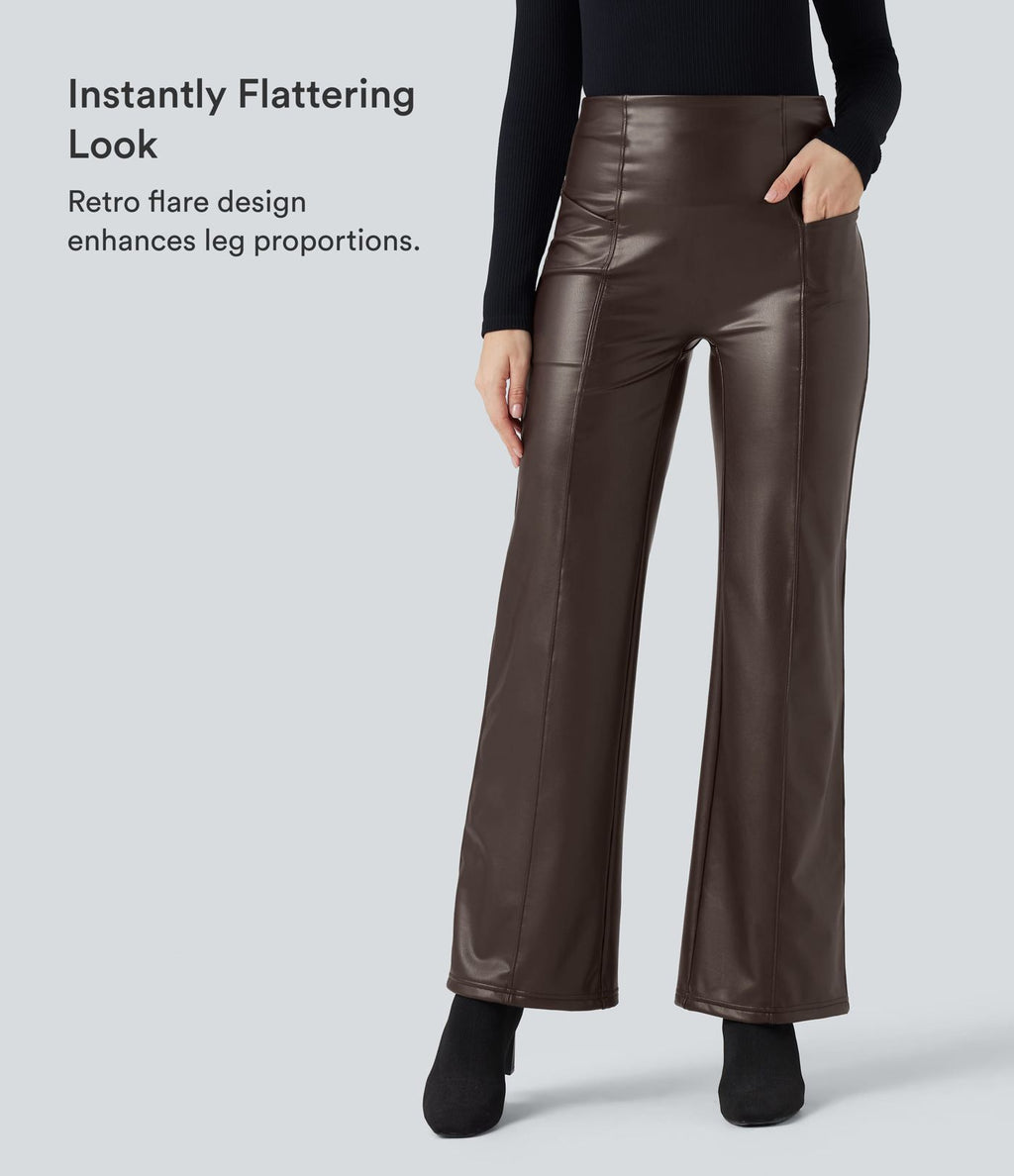 Pantalon similicuir évasé gainant taille haute stretch avec poches