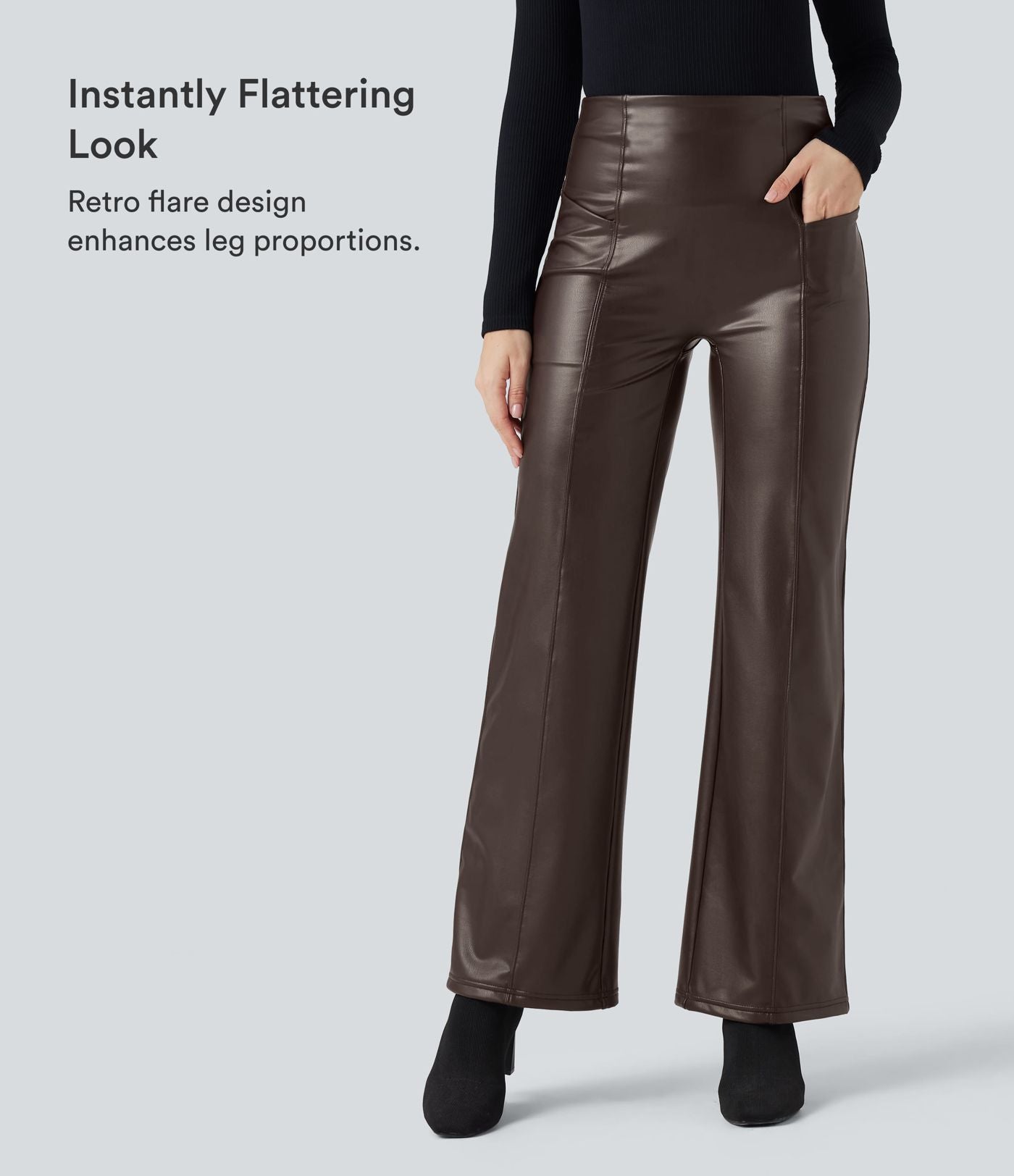 Pantalon similicuir évasé gainant taille haute stretch avec poches