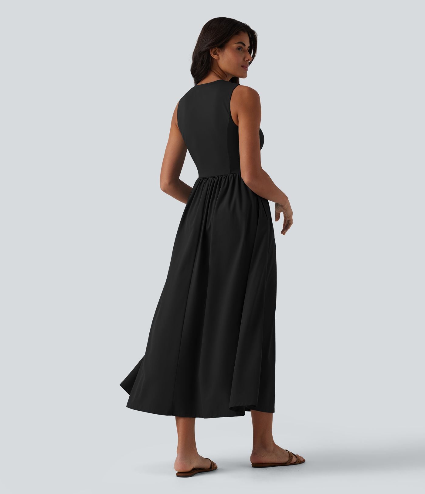 Robe midi évasée fluide décontractée Breezeful™ col Henley sans manches à séchage rapide avec poches