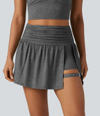 Jupe mini trapèze de sport 2-en-1 taille haute froncée avec poche latérale