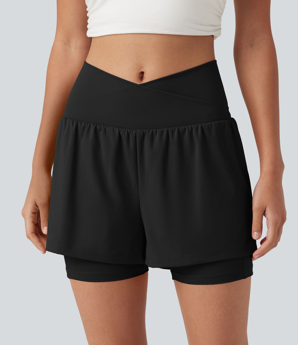 Short de yoga 2-en-1 taille haute croisée en SoftlyZero™ Airy à effet frais InstantCool 12,5 cm avec poches