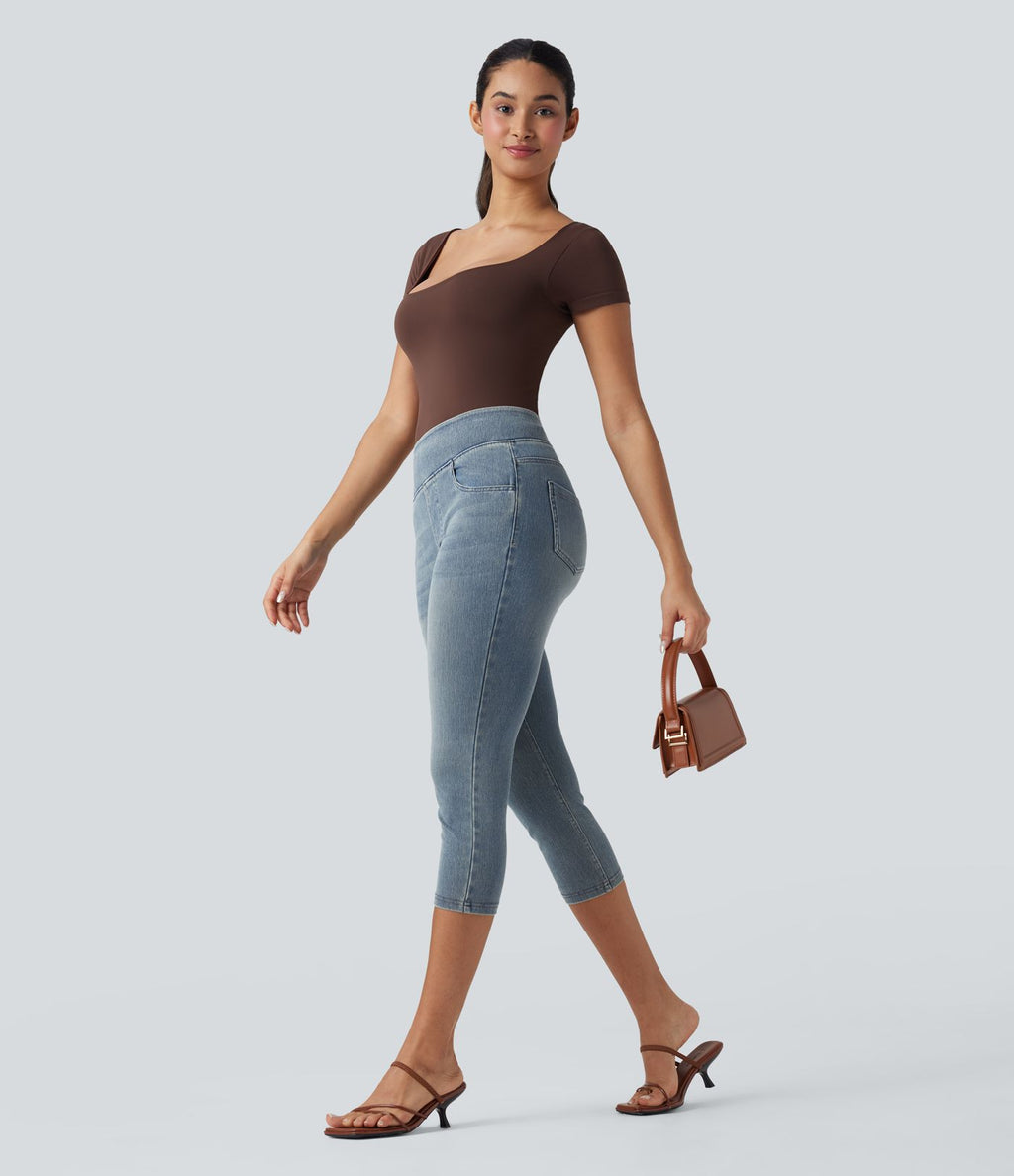 Leggings capri Halara Flex™ en jean extensible tricoté à taille haute et poches