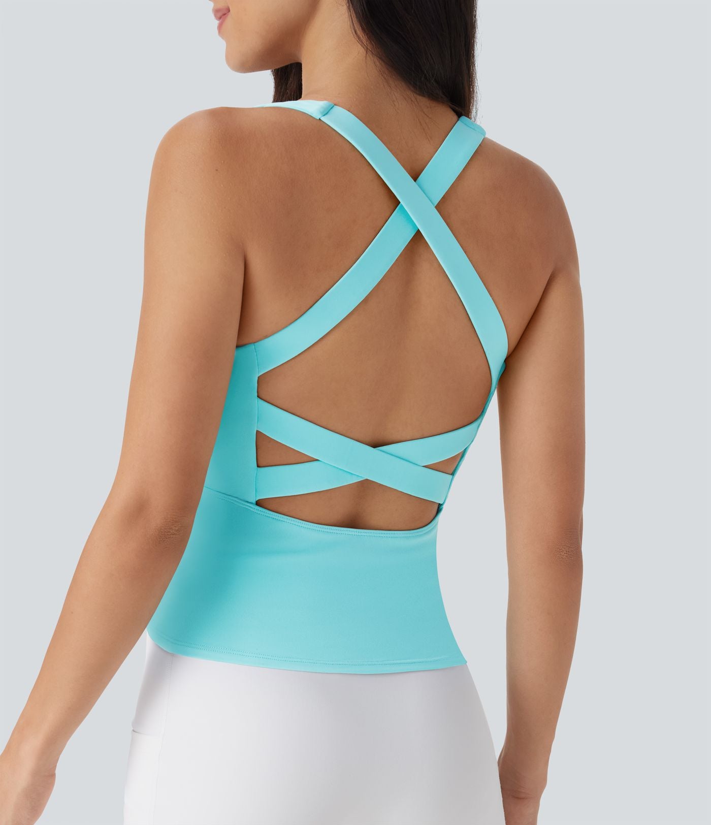 Débardeur de course crop top dos nu col carré bretelles croisées Softlyzero™ Airy Cool Touch - longueur rallongée - UPF50+