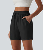 Short décontracté ample en lin mélangé taille haute avec cordon de serrage, 12,5 cm, et poches