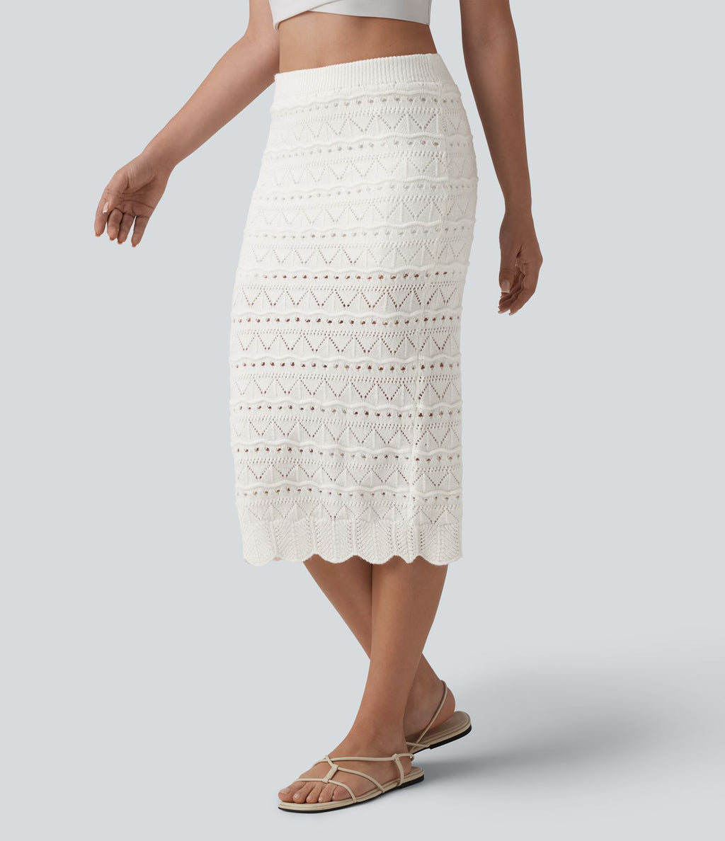 Jupe mi-longue maille ajourée 2-en-1 taille haute avec poches