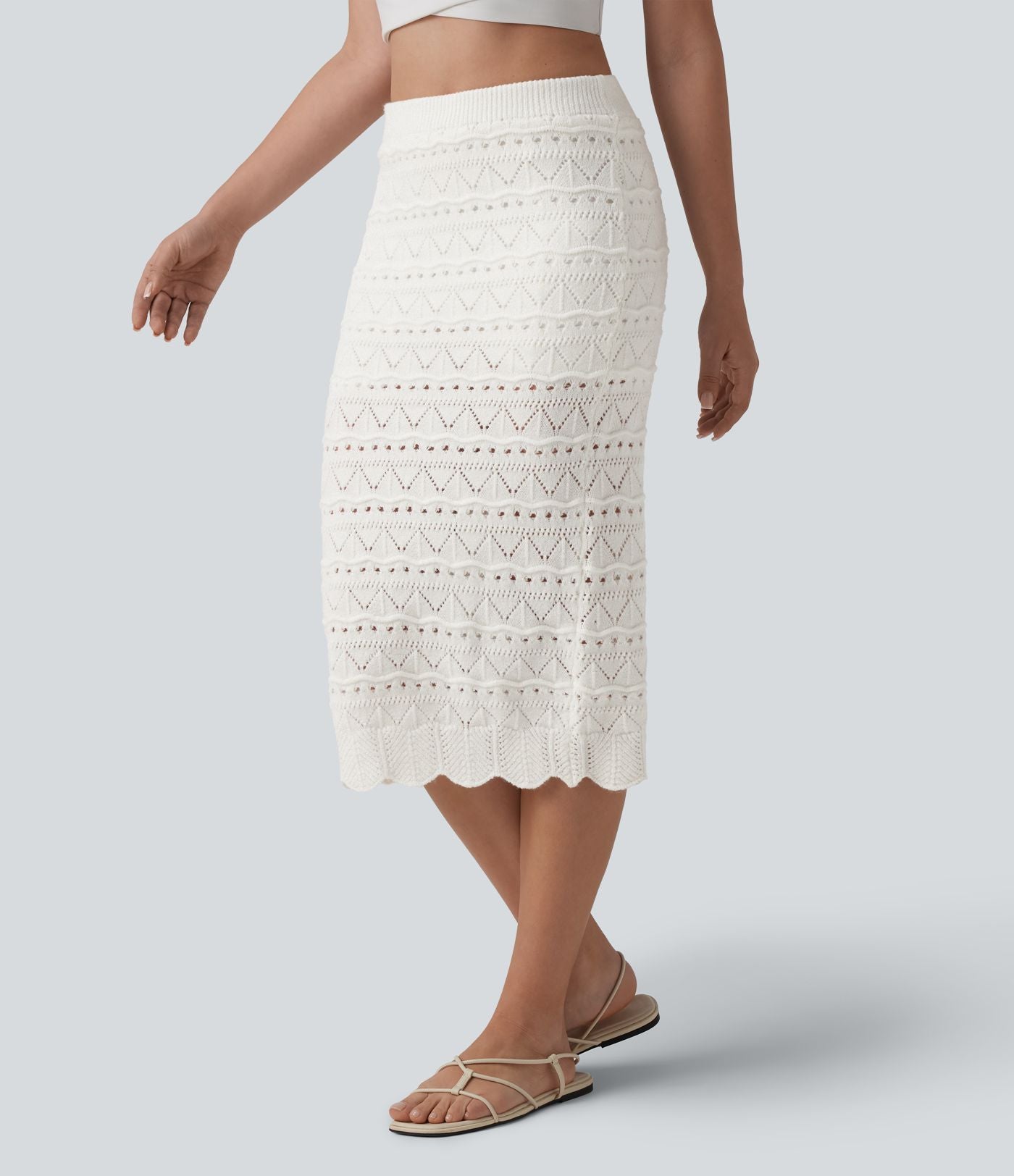 Jupe mi-longue maille ajourée 2-en-1 taille haute avec poches