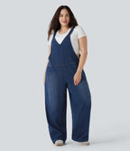 Salopette décontractée Halara Flex™ grande taille en maille denim extensible délavée col V avec poches
