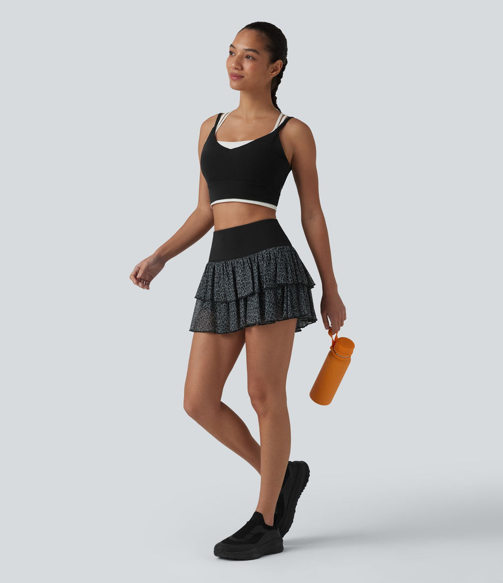 Jupe de sport SoftlyZero™ Airy mini 2-en-1 léopard à volants à effet frais InstantCool et poche, protection solaire UPF50+