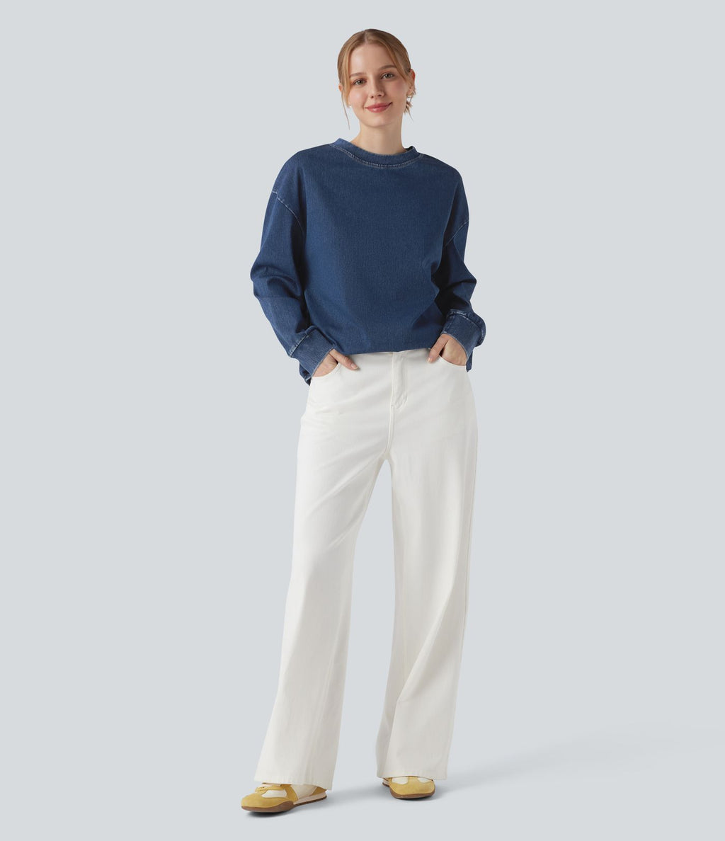 Halara Flex™ T-shirt casual délavé en denim à col rond et manches longues