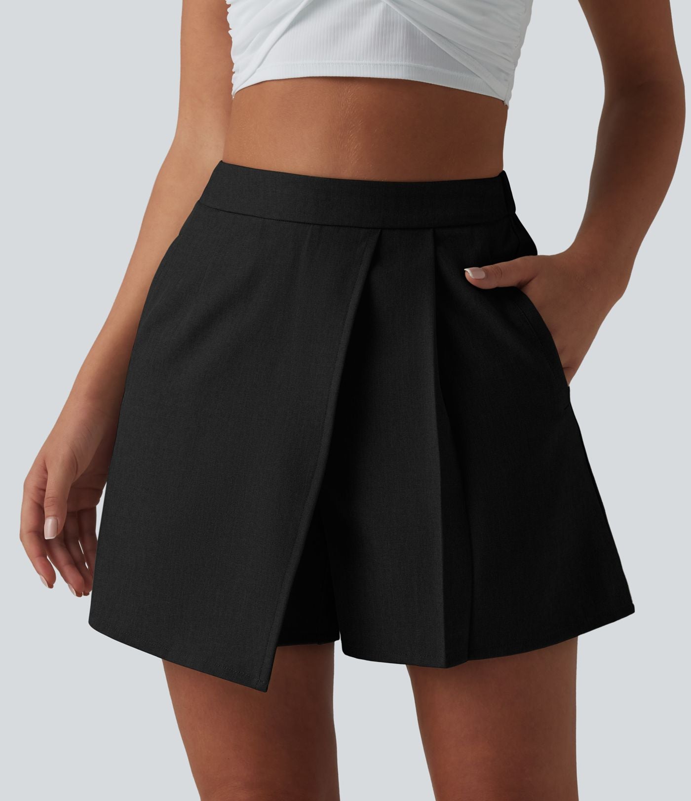 Jupe-short plissée taille haute casual infroissable aspect lin avec poches