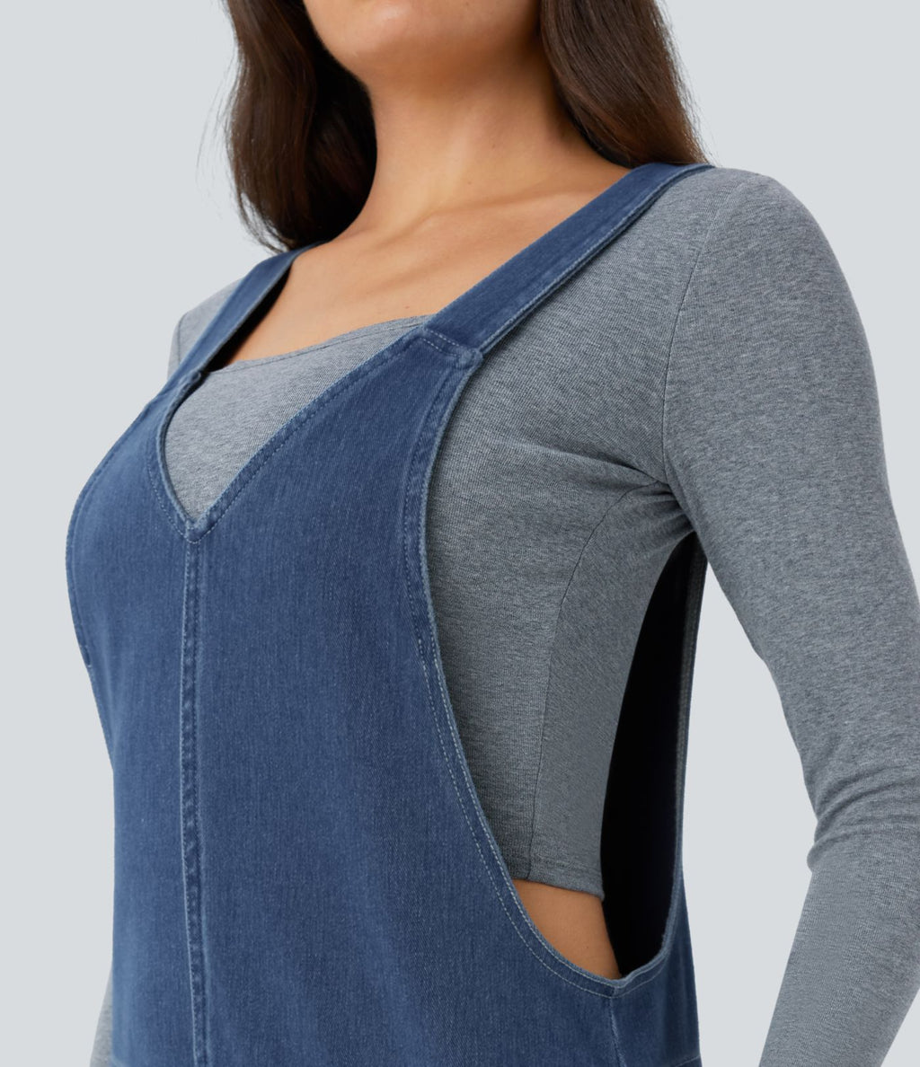 Salopette décontractée Halara Flex™ en denim extensible délavé, col V et poches latérales